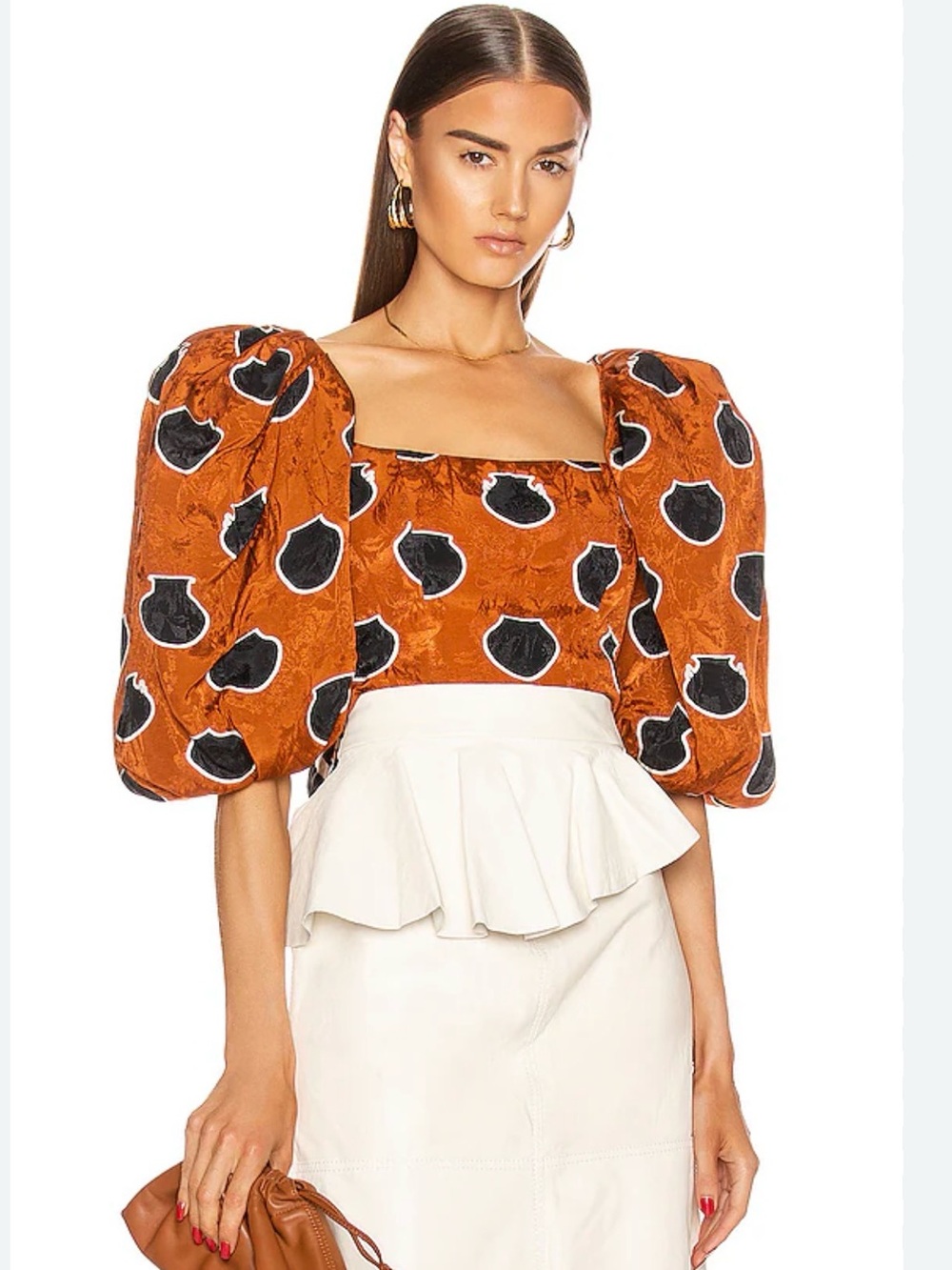 Johanna Ortiz Rust Jacquard Puff-Sleeve Square-Neck Crop Top